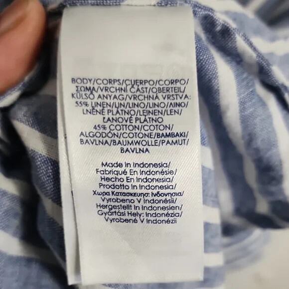 Chaps Blue & White Stripped Midi Shirt Dress Linen Blend Belted Full Circle L - Picture 9 of 11